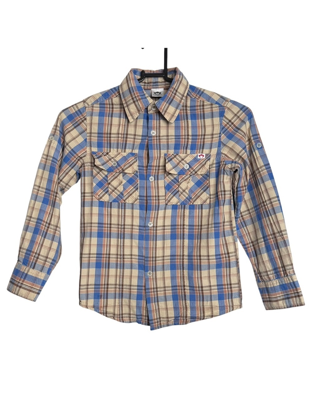 Appaman Boys Long Sleeve Plaid Button Down Shirt Size 7 Blue Tan Double Pockets